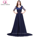 Grace Karin formal de gasa azul marino elegante vestido de noche de manga larga 2015 CL6234